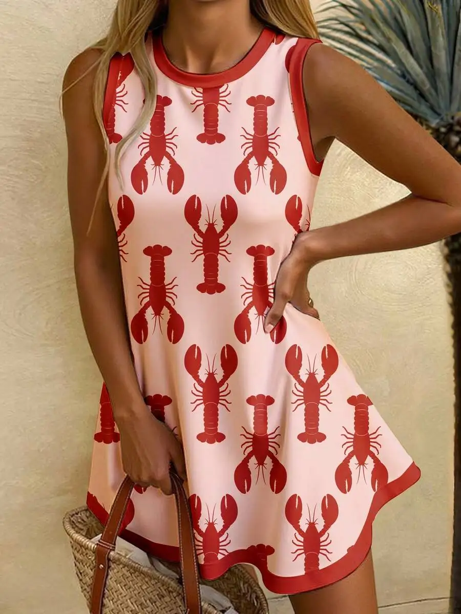 

Женское мини-платье А-силуэта без рукавов с принтом лобстеров, летнее, повседневное, шикарное