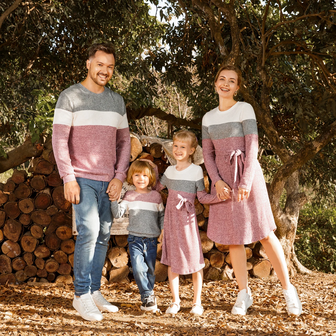 PatPat Family Matching Long-sleeve Colorblock Rib Knit Belted Dresses and Pullover Sets