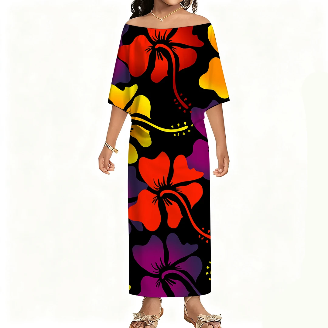 البولينيزية نمط مخصص الصيف خارج على الكتف الرجعية كبيرة الجبهة هيم فستان طويل فضفاض للفتيات والنساء