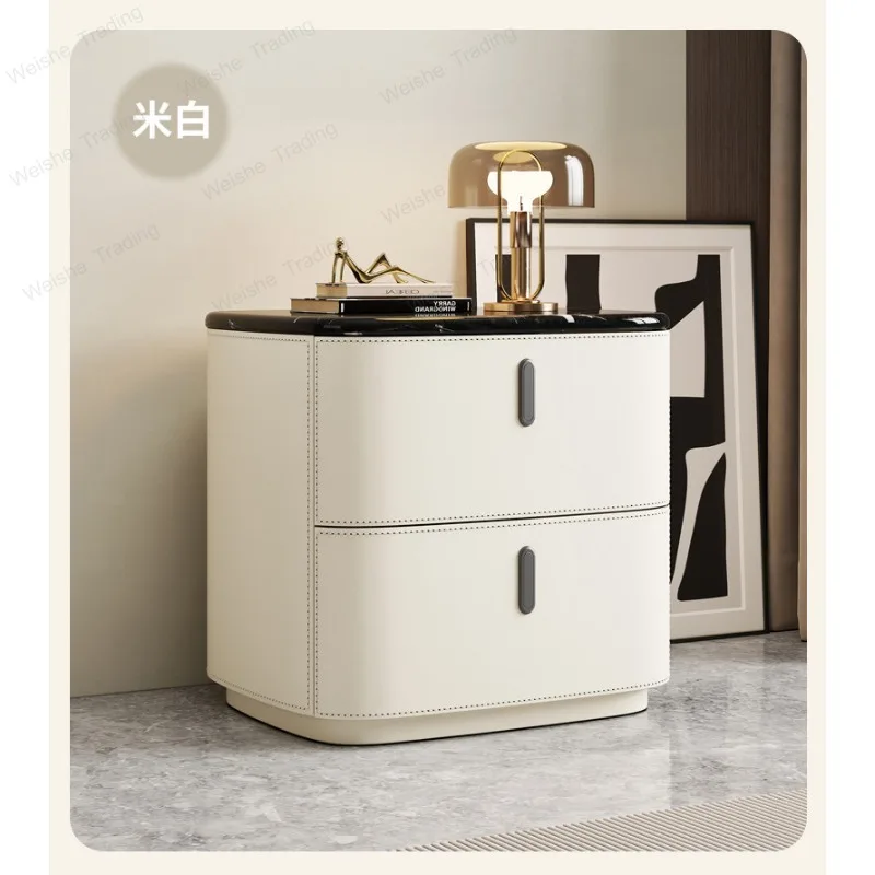 All solid wood saddle leather home bedroom high-end modern light luxury side cabinet simple microcrystalline stone bedside table
