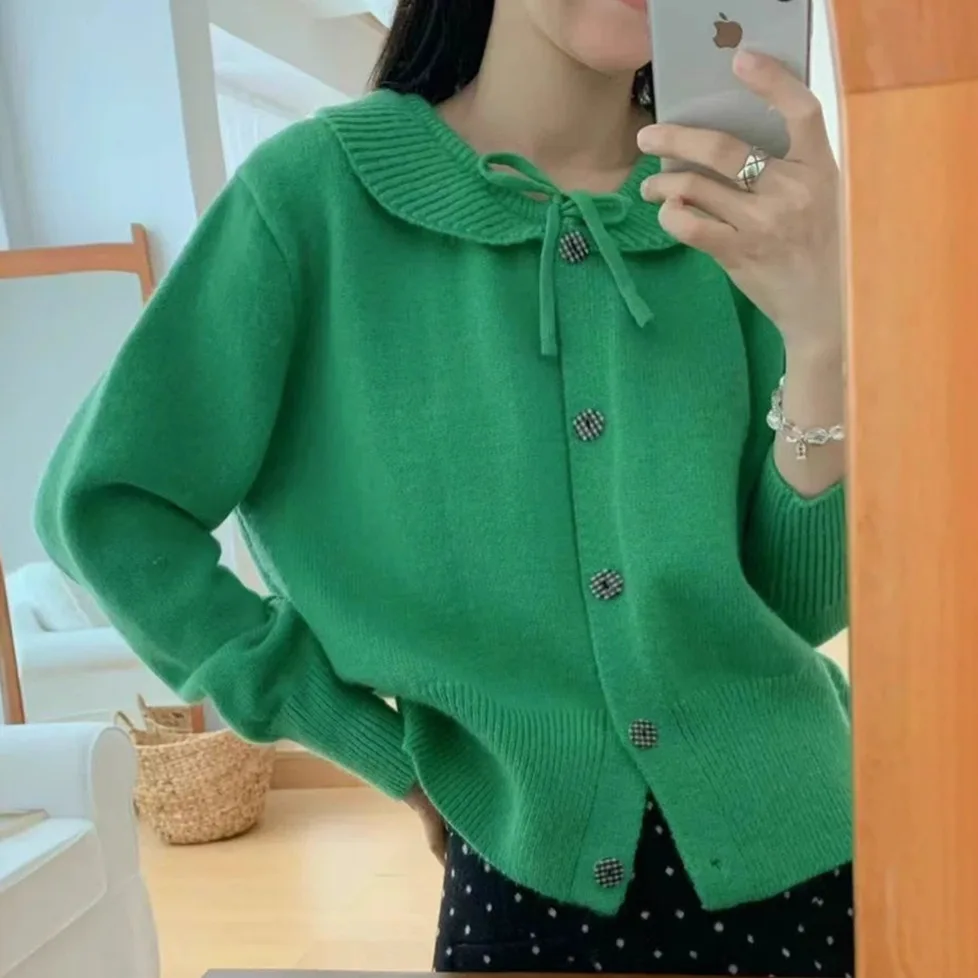 

Women Knitted Cardigan Sweaters Solid Jumpers Bow Peter Pan Collar Long Sleeves Single Breasted Loose Casual 2025 Autumn Winter