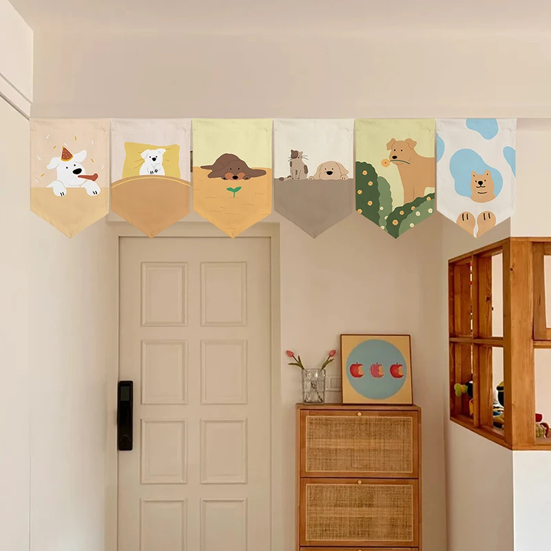 VIKAMA Cute Cartoon Dog Cat Triangle Pennant Curtain Lovely Animal Print Window Valance Bedroom Kitchen Wall Hanging Decor