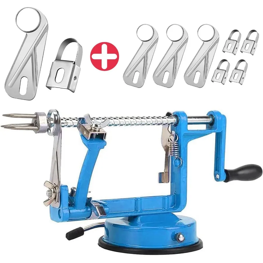 

3 в 1 овощечистка для яблок с конструкцией из нержавеющей стали и прочным основанием на присоске для использования на кухне. В комплект входит 7 E.