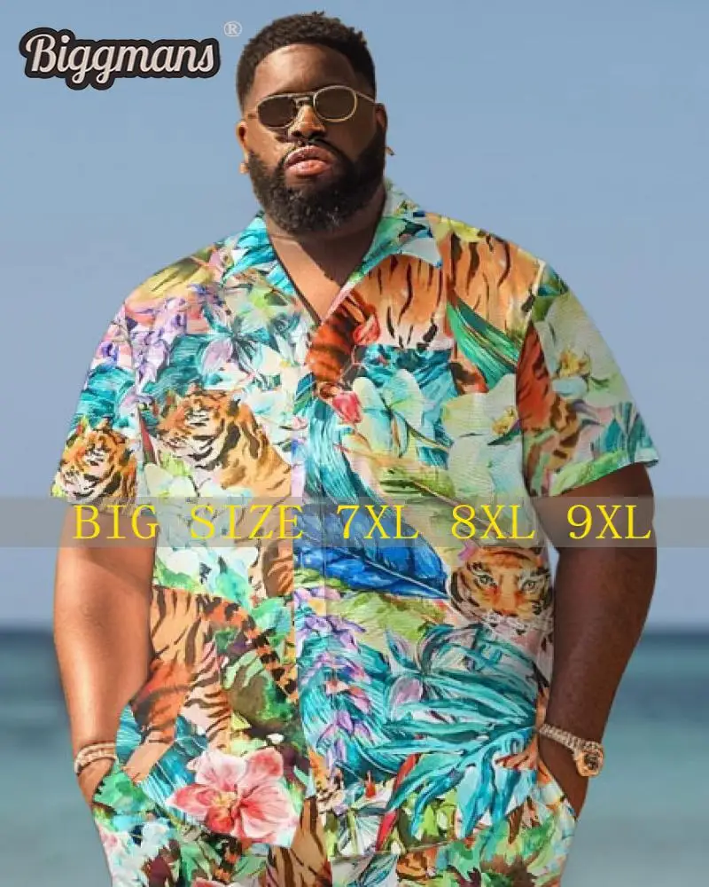 

Biggmans Shirt Plus Size L-9Xl for Summer Beach Men's Oversize Beach Hawaiian Colorful Block Print Shirt Shorts Top 7XL 8XL