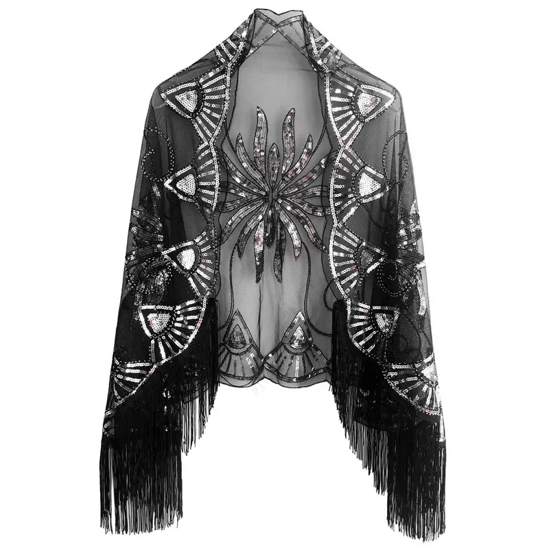 1920s Sequin Beaded Floral Shawl Wraps Fringed Evening Cape Scarf for Wedding Prom Party