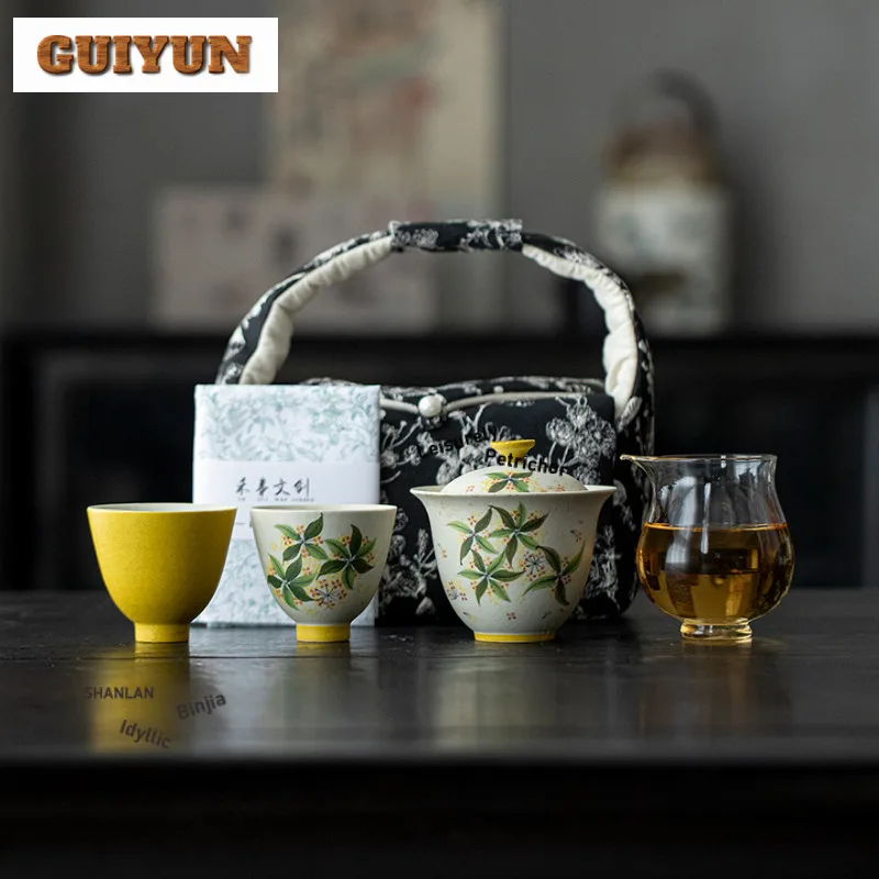 

Ручная роспись османтуса, дорожный чайный сервиз, набор в стиле ретро 1, чаша, 2 чашки, органайзер для чайника, портативная сумка для пикника, принадлежности для напитков