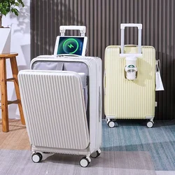 Front Laptop Pocket Suitcase Wide Handle Travel Suitcase Men 20''Carry-On Luggage Women PC Aluminum Frame Trolley Case 24'' 28''