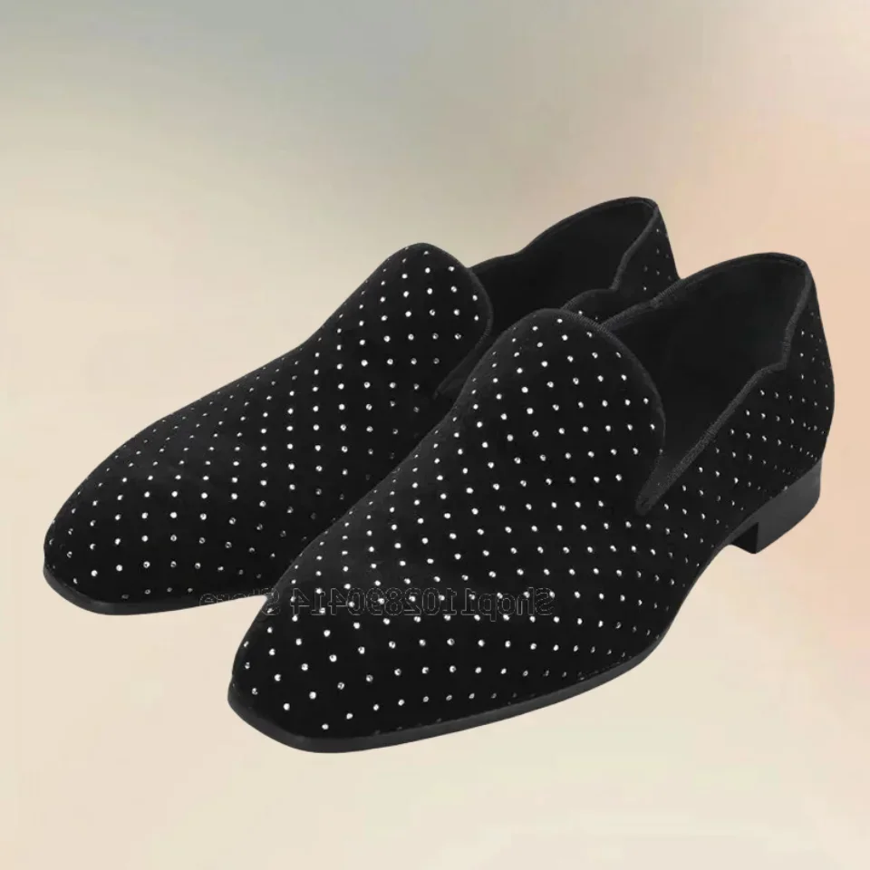 

Black Crystal Decor Square Toe Low Top Loafers Fashion Slip On Men Shoes Luxury Handmade Party Banquet Office Men Casual Shoes
