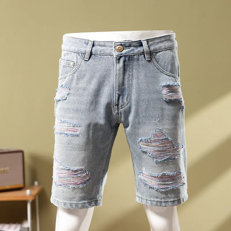 

European station summer blue patchwork denim shorts casual capris distressed beggar pants for men cargo ripped short jeans