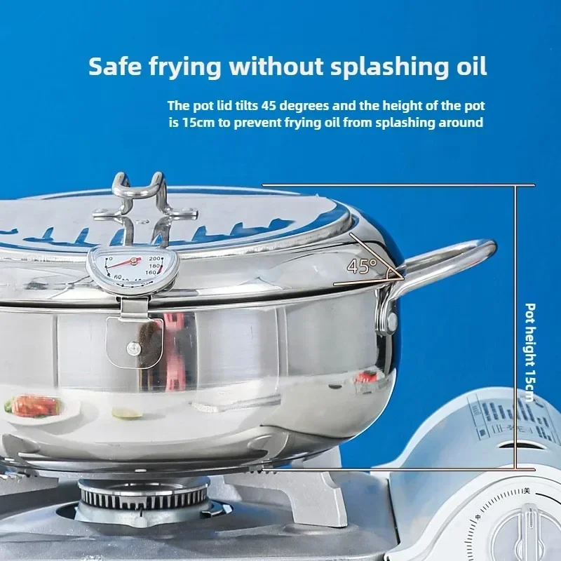 مقلاة عميقة متعددة الوظائف مع ميزان حرارة ورف تجفيف بالتنقيط للزيت أدوات مطبخ منزلية مزدوجة القاع للطباخ التعريفي بالغاز