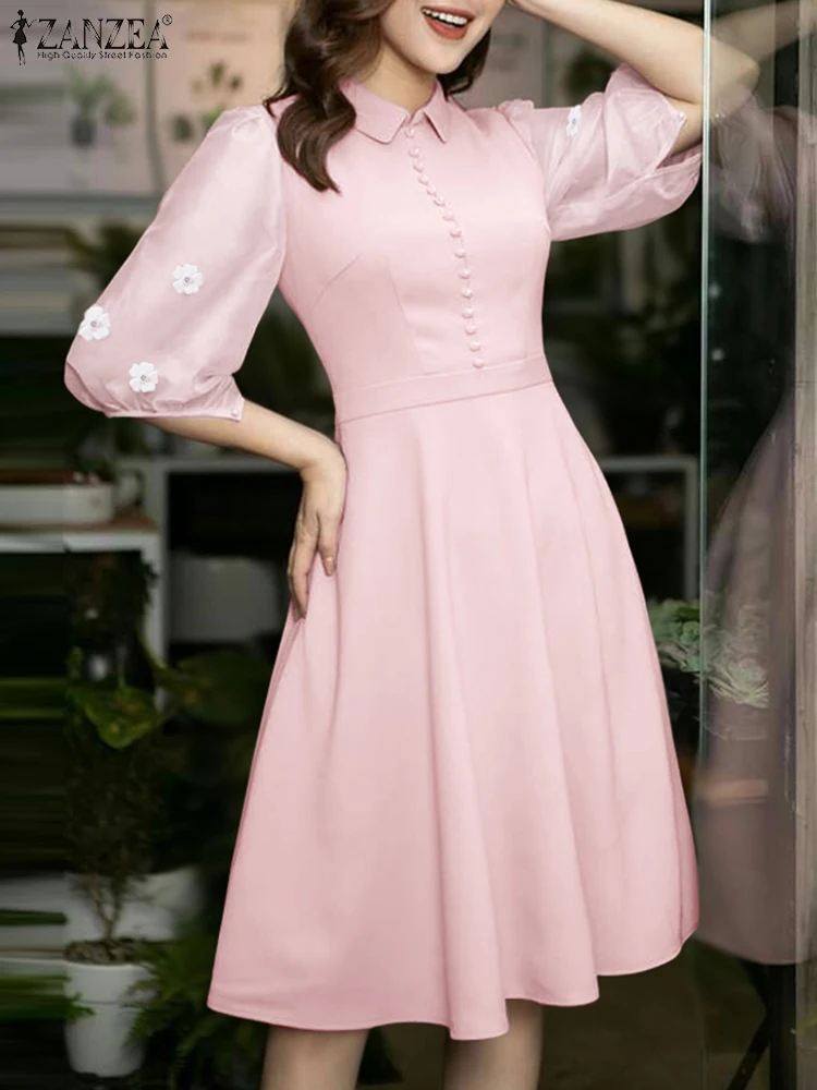 

ZANZEA Elegant Women Dress Fashion Lace Patchwork Sundress Fashion 2025 Short Sleeve A-Line Robe 3/4 Sleeve Lapel Neck Vestidos