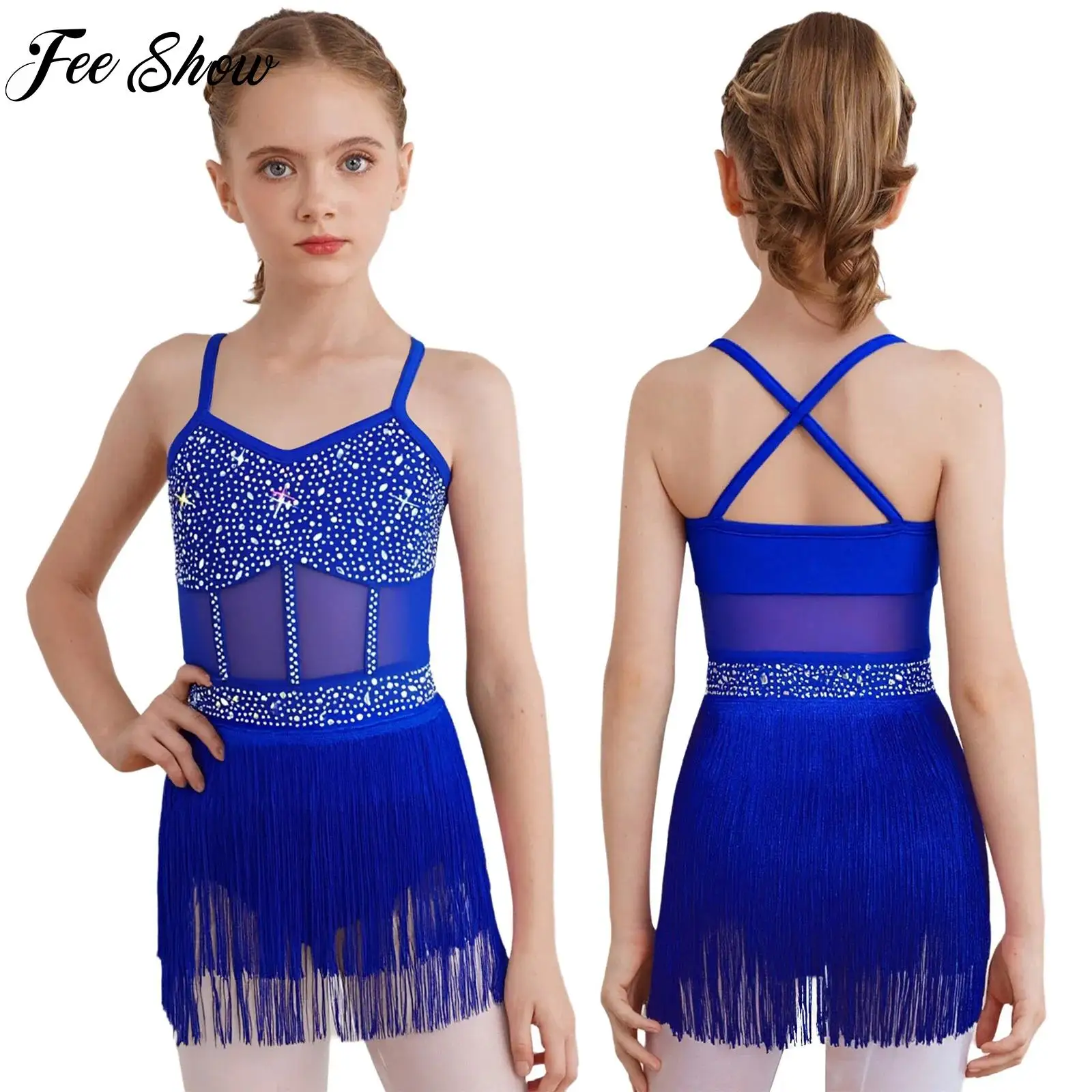 

Girls Latin Tango Dance Leotard Dress Kids Shiny Rhinestone Mesh Tassel Dress for Cha-cha Samba Rumba Dance Performance Costume