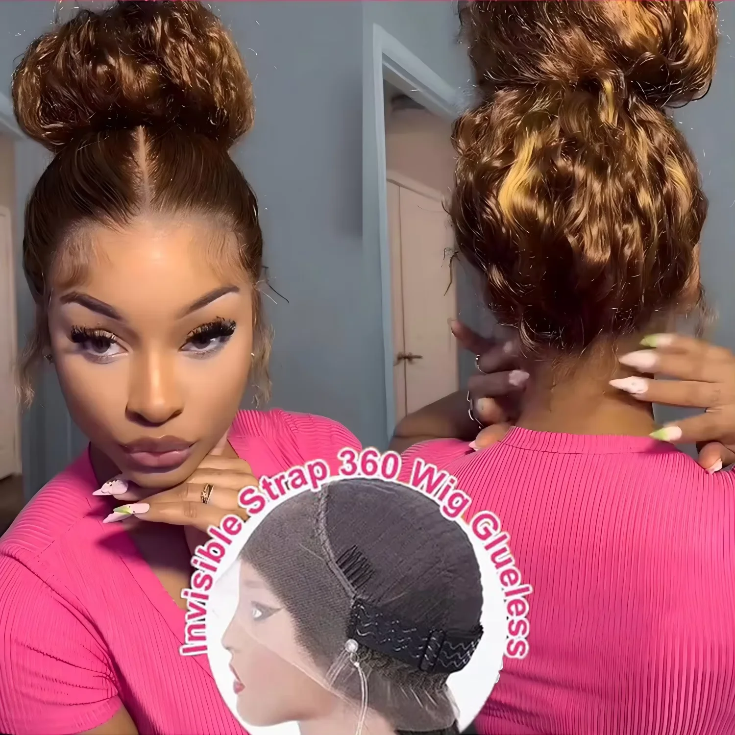 250Density Deep Wave Human Hair Wig 360 Full Lace Front with Hidden Strap 4/27 Blonde Highlights Pre Plucked Brazilian Curly Wig