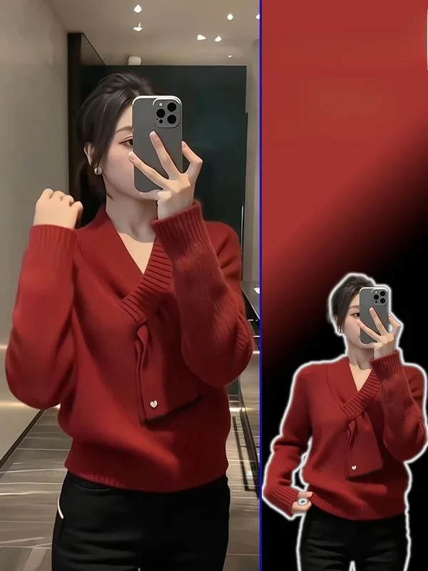 

plus Size Women's V-Neck Knitwear Spring Loose Design Sensation Scarf Sweater Top French Style Comfortable Medium Soft Long S...