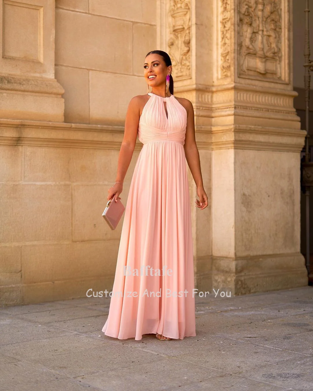 Bafftafe Simple Chiffon Bridesmaid Dresses Backless Prom Gowns Pleated Floor Length Formal Party Wedding Dress Women Wear Outfit