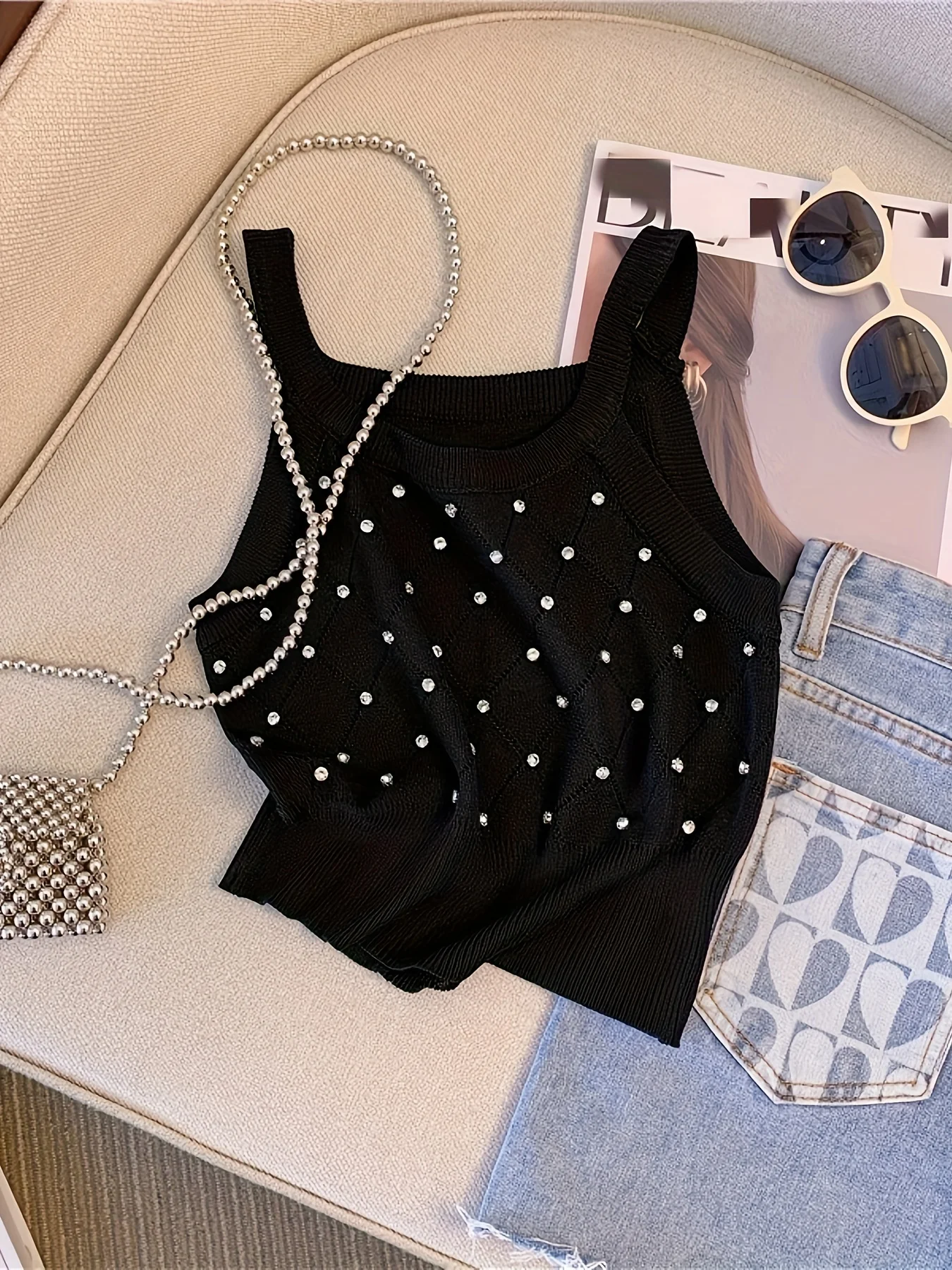 Solid Rhinestone Eyelet Spaghetti Top Casual Crew Neck Sleeveless Knitted Cami Top For Spring Summer Women\'s Clothing Crop Top