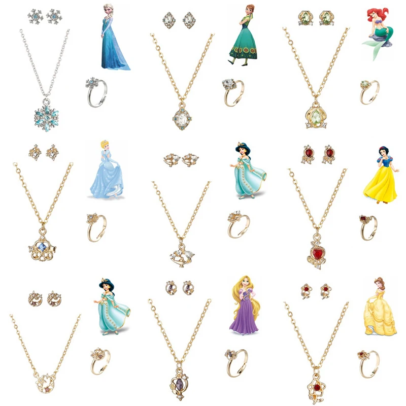 Disney Frozen Necklace Earrings Ring Set Cartoon Prince Elsa Anna Snow White Jasmine Cinderella Party Jewelry Gift 4pc