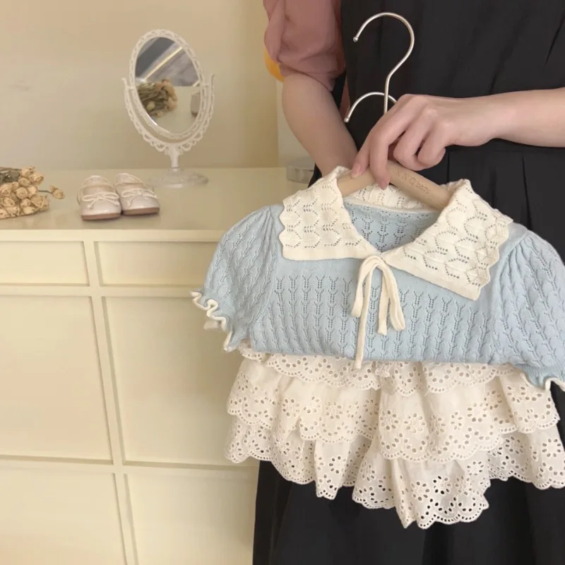 Kids Summer Clothes Baby Girls Cute Bow Knitted Short Sleeve + Lace Cake Shorts 2-piece Sets Lapel Hollow Knitting French Suit