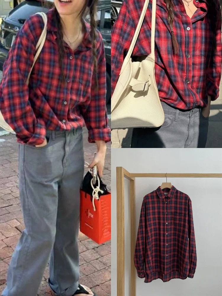 

Женский свободный крой в клетку в стиле ретро Long Sve Edition Qui очень универсальный повседневный хлопковый топ