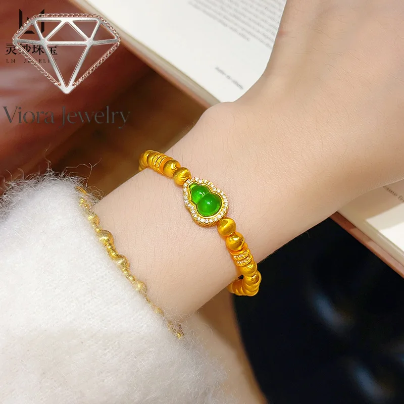 Viora Jewelry New Chinese style national style 24K real gold dots diamond green gourd double row running ring cat eye 9999 brace