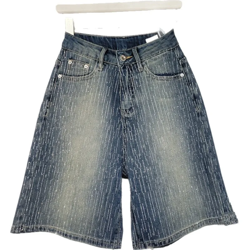 المرأة 2025 صيف جديد الدنيم السراويل موضة السماء المرصعة بالنجوم الساخن الماس جينس قصير المرأة العصرية عالية الخصر فضفاض مستقيم السراويل