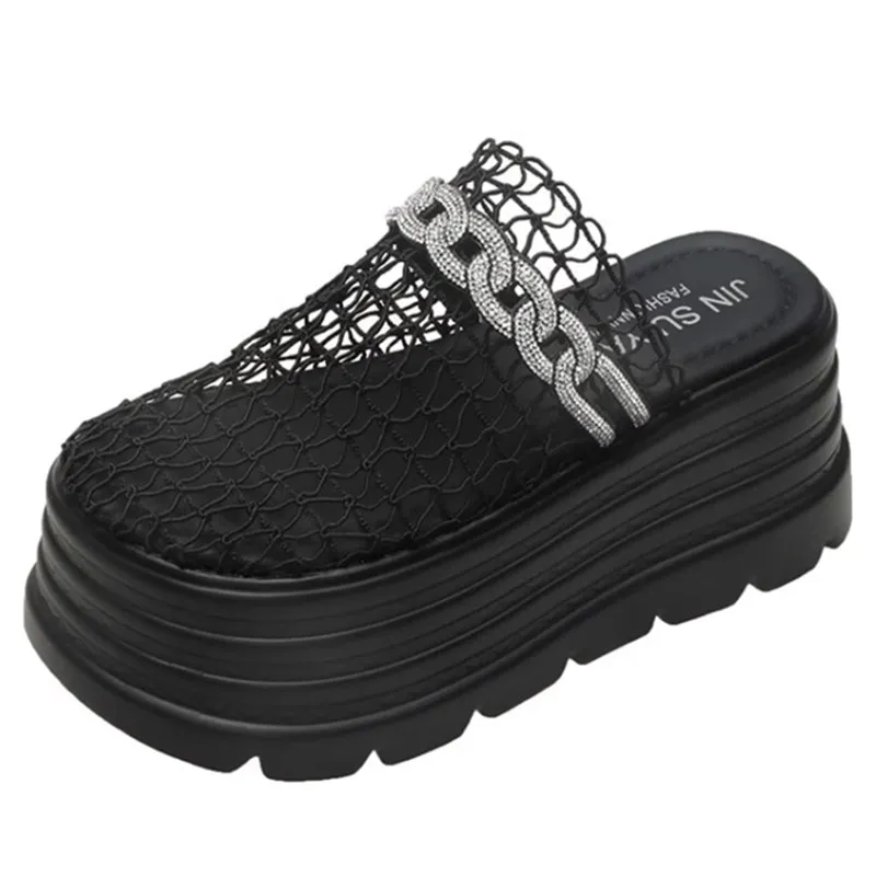 

8CM Crystal Platform Women Slippers Flats Designer Mules Shoes Women's Sandals Summer New Slingback Slides Elegant Woman Shoes