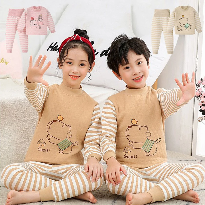 New Tops+Pants 2-Piece Clothing Set Winter Thick Thermal Underwear Autumn Kid Baby Boys Girls Cotton Cartoon Pajama Clothes Suit