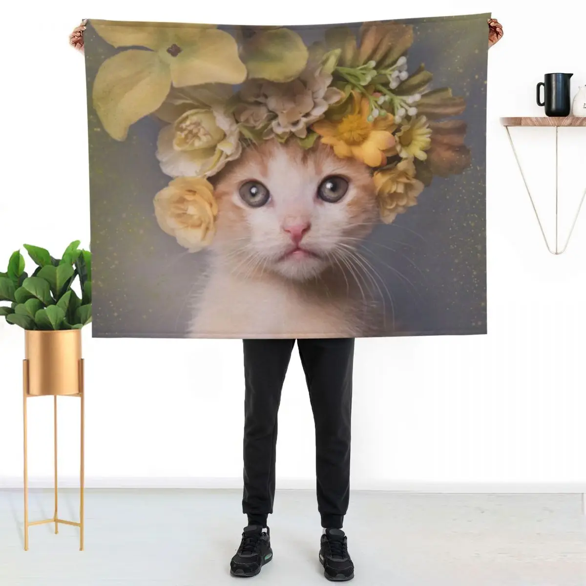 

Flower Power, Bull the Kitten Throw Blanket Wrinkle Resistant Lightweight Blanket