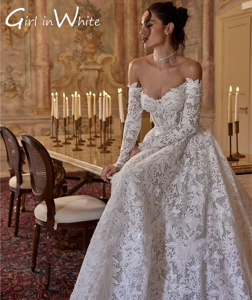 Customized Lace Sweetheart Off Shoulder Long Sleeves Lace 2026 Wedding Dress Backless Ball Gown Bridal Attire Elegant Design