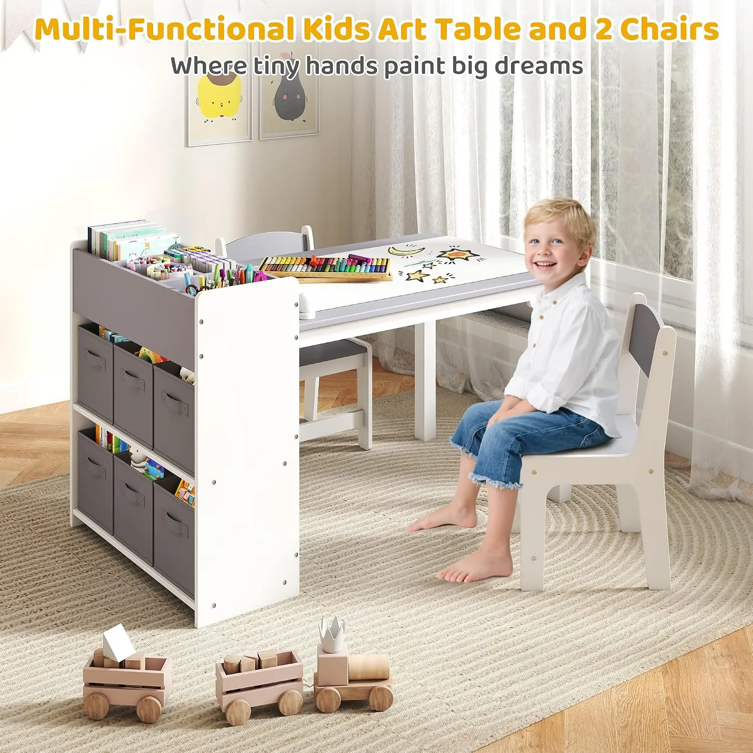 Kids Art Table and Chair Set, Craft and Play Wood Activity Table with Storage Bins and Paper Roll, Toddler Desk for Playroom/Nursery/Home, Kids Table and Chairs Set for Drawing/Learning/Read