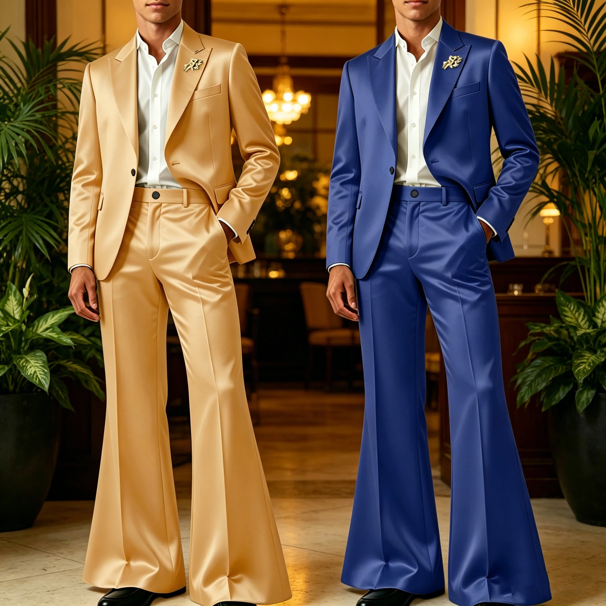 Luxury Men's Satin Suit 2 Piece Blazer and Flared Trousers Set Formal Business Tuxedo Bell Bottom Pants for Wedding Groom Party