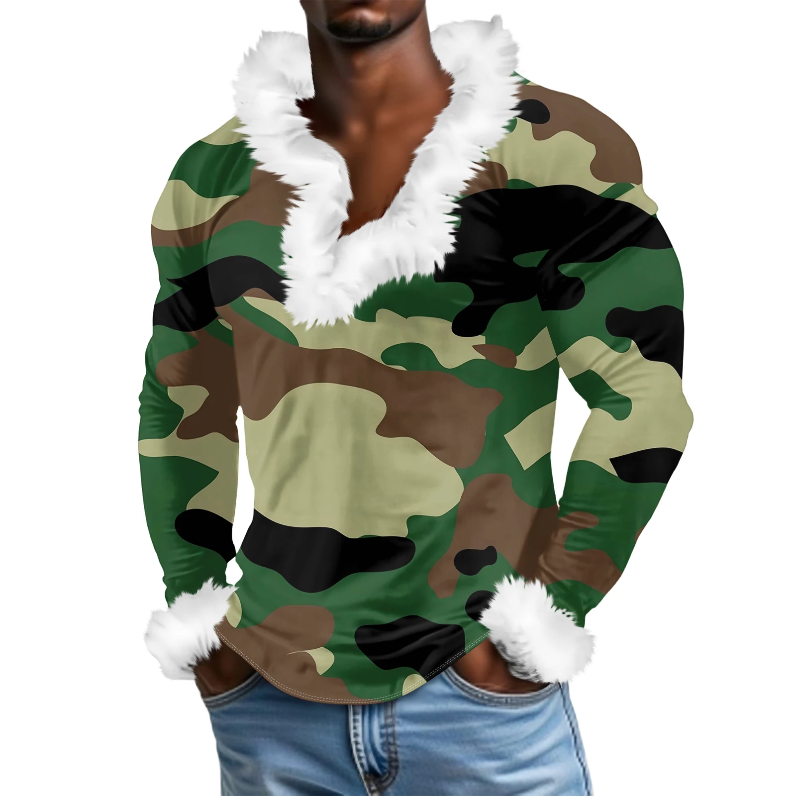 

Camouflage Printed Fur Collar And Fur Sleeves Pullover Sweater Men'S Fashion Plus Size Holiday Pullover Winter Party Top