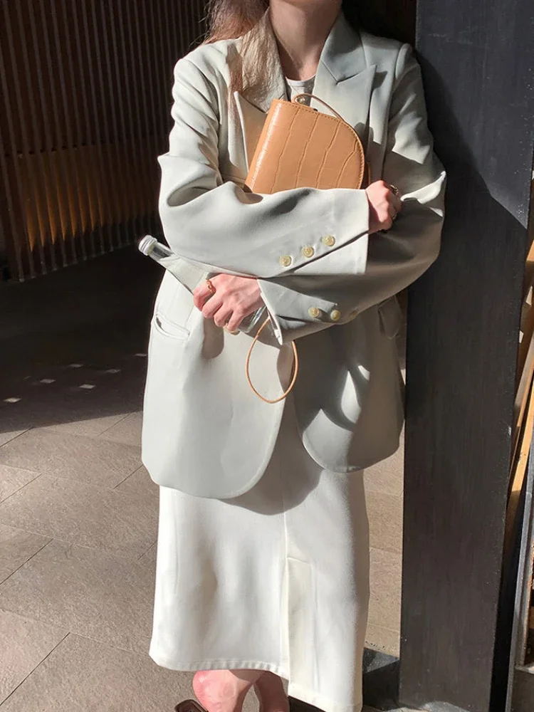 Ulzzang-Blazer basique cranté à double boutonnage pour femme, vêtement de bureau, tenue gracieuse, style Harajuku, collection automne