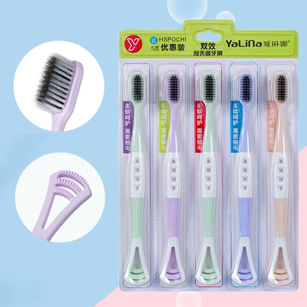 5pcs/pack Dental Toothbrushes Dual-head Design Toothbrush Tongue Scraper Deep Mouth Cleaning Tool Oral Hygiene Care Products