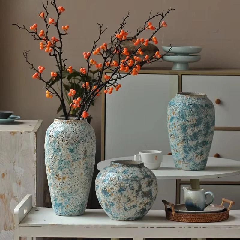 Retro rough ceramic vase uneven surface flower pot dining table decoration flower arrangement vase room aesthetic decoration