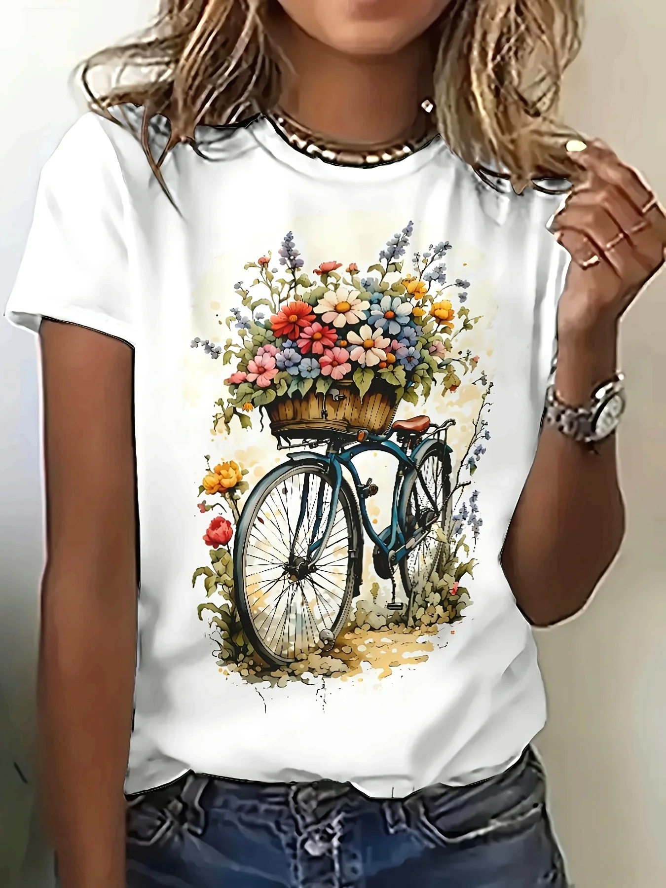 

Women Floral Bicycle Scenery 3D Print Short Sleeve Round Neck T-Shirt Simple Design Showing Natural And Elegant Style Trendy