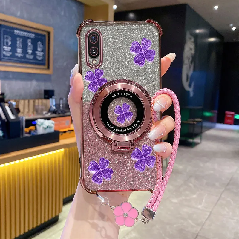 Flower Strap Glitter Lucky Clover Phone Holder Case For Samsung Galaxy A02 A03 Core M02 A02s A03s A04E A04 A05 A05S A06 F04 M04