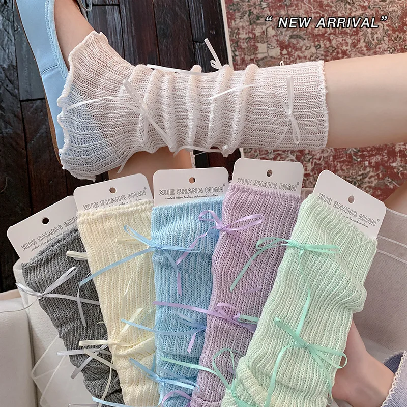 Spring and Summer Lightweight Ankle Socks with Pretty Bows - A Lolita Style Lace-up Thigh-high Stockings for Sweet Young Girls.