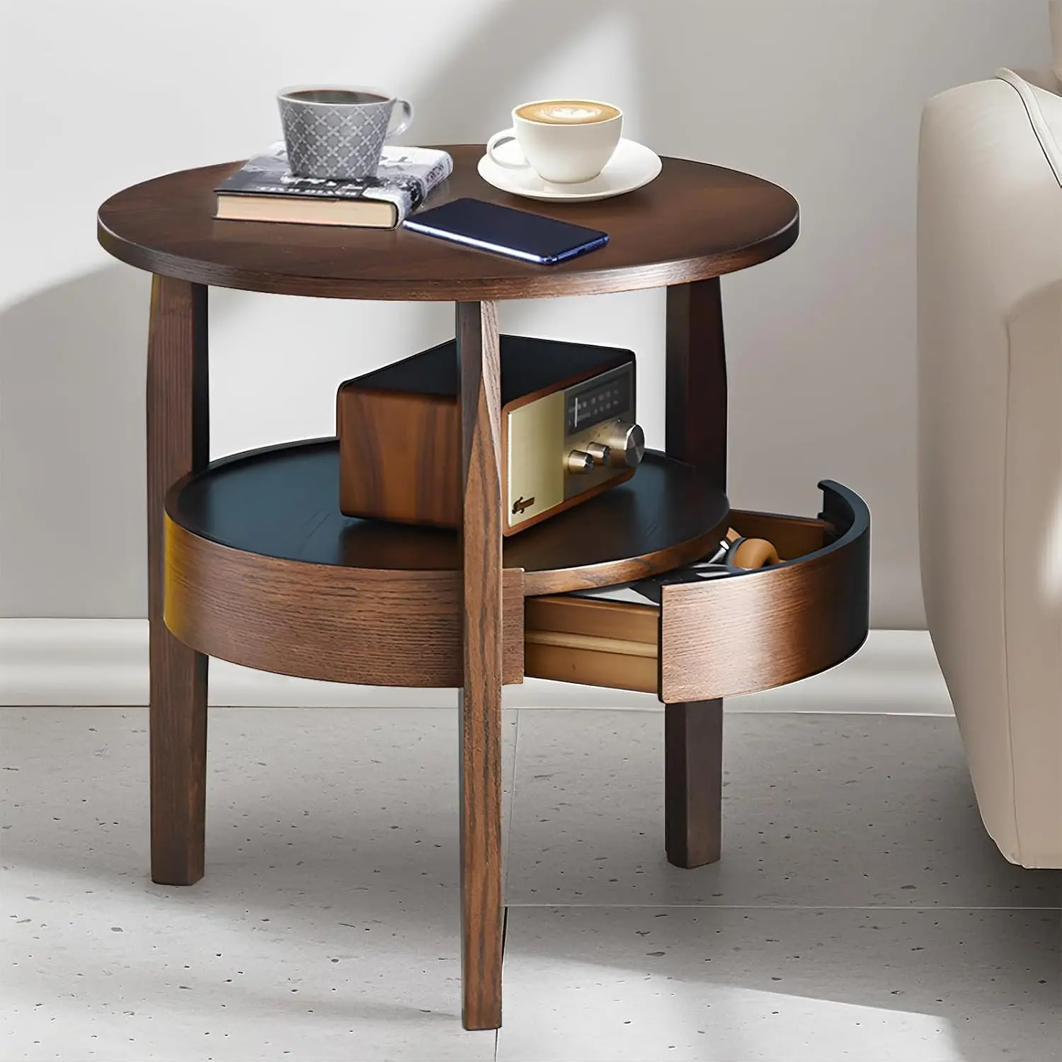 Round Coffee Table With Storage And Hidden Drawer Natural Wood Side Table With Sliding Drawer Small Coffee Table For Living Room Round Nightstand With Drawer Dark Brown