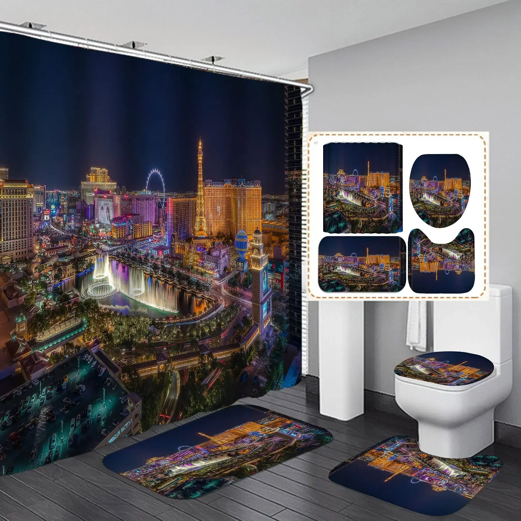 

Las Vegas Fabric Shower Curtain Set Cool Modern City Famous Building Eiffel Tower Ferris Wheel Night View Art Bathroom Decor Set