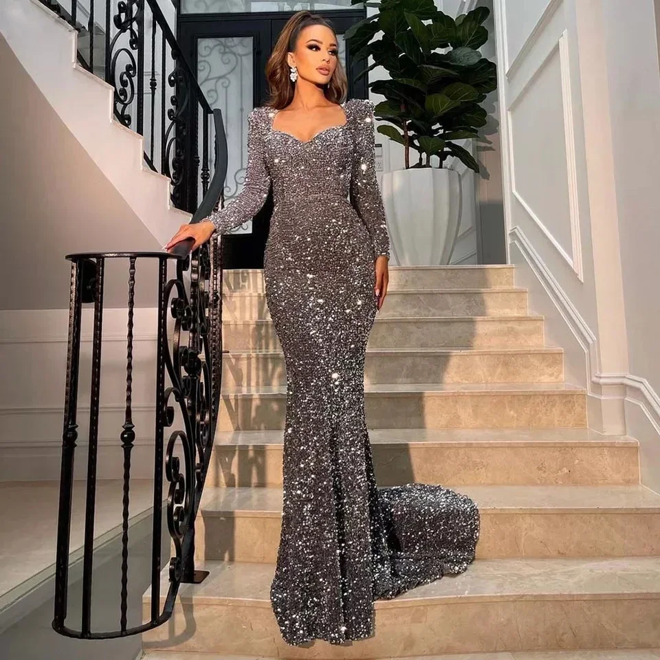 

Flavinke Sexy Grey Sequined Long Sleeve Mermaid Evening Dresses African Women Black Girl Prom Gowns For Party robes de soirée