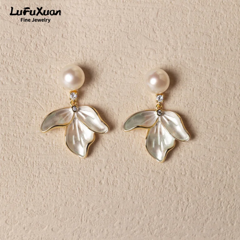 LUFUXUAN natural freshwater pearl earrings sterling silver earpin 14K gold lily advanced sense of simple temperament