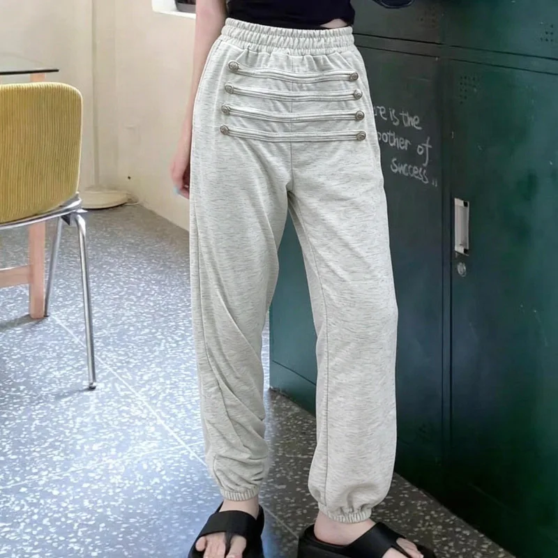 Sub-culture Fashion Loose Comfortable Sweatpants Pleated Multi-buckled Front Elastic Waist-binding Foot Casual Jogging Pants