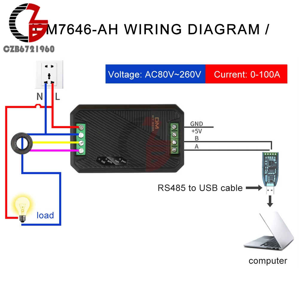 PZEM-017 AC 80-260V Voltmeter Ammeter 220V UART to RS485 Modbus Voltage Current Power Energy Meter Electric Watt Meter 20A 100A