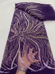 Nigerian Sequins Lace Fabric for Wedding Dress Sewing High Quality Purple African Tulle Embroidery 5 Yards DP0169