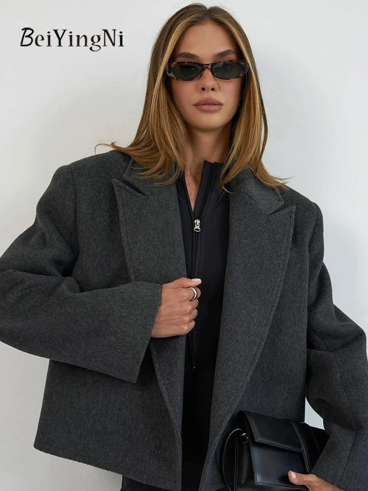 

Beiyingni 2025 Winter Women's Fashion Short Blazers Gray Sashes Woolen Coats Jacket for Woman Plain Warm Thicken Outwear Tops
