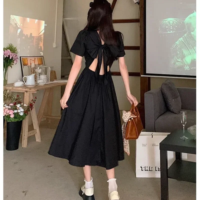 Summer New Solid Round Neck Color Hollow Out Backless Bow Waist High Long Dress Simplicity All-match Korean Women Clothing