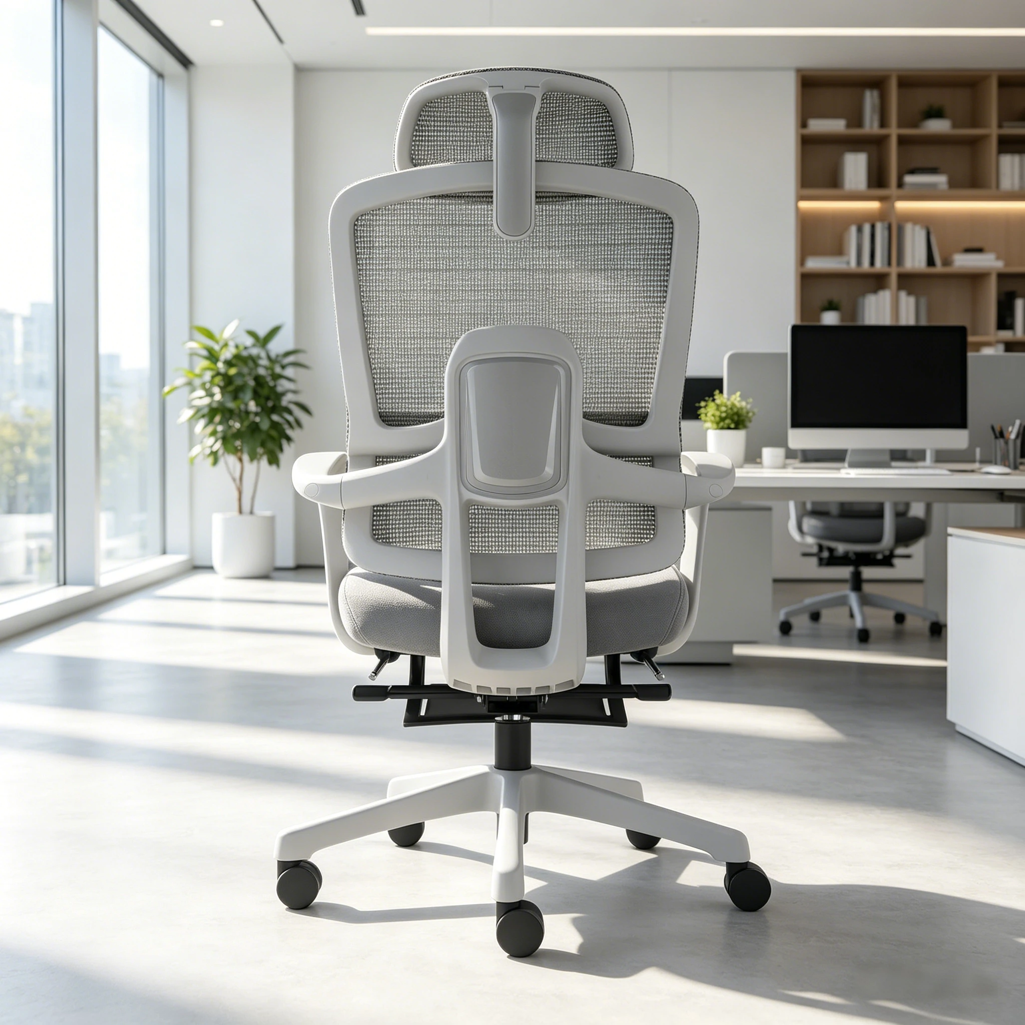 Modern Ergonomic Adjustable Height Office Chair Gray Mesh High Back Fixed Armrests Recliner Retractable Footrest Home Office