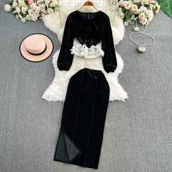 Elegant Long Sleeves Sweet O-neck Petal Embroidered Beads Spliced Vevlet Top Slim High Waist Split Skirt High Street Winter Sets