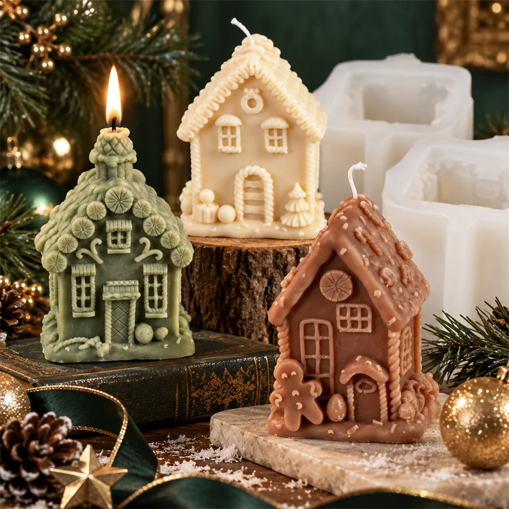 3D Christmas House Candle Mold Gingerbread House Silicone Mold for DIY Scented Candle Soap Plaster Making Holiday Decor Gifts